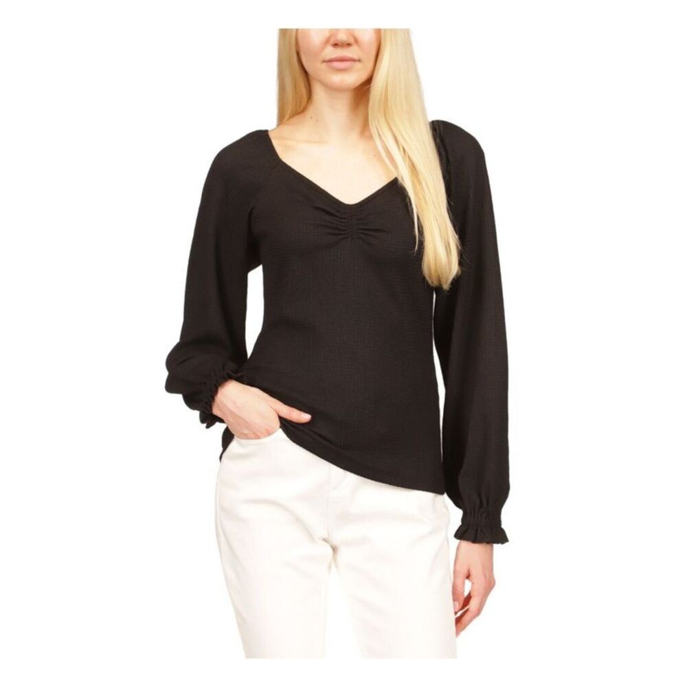 MICHAEL KORS Womens Black Elastic Cuffs Long Sleeve V Neck Top Petites P\XS